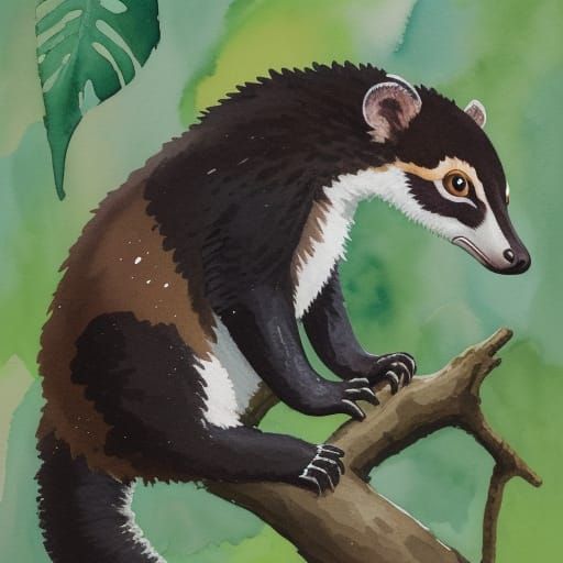 A tropical montane cloud forest n Ecuador. White-nosed coati...