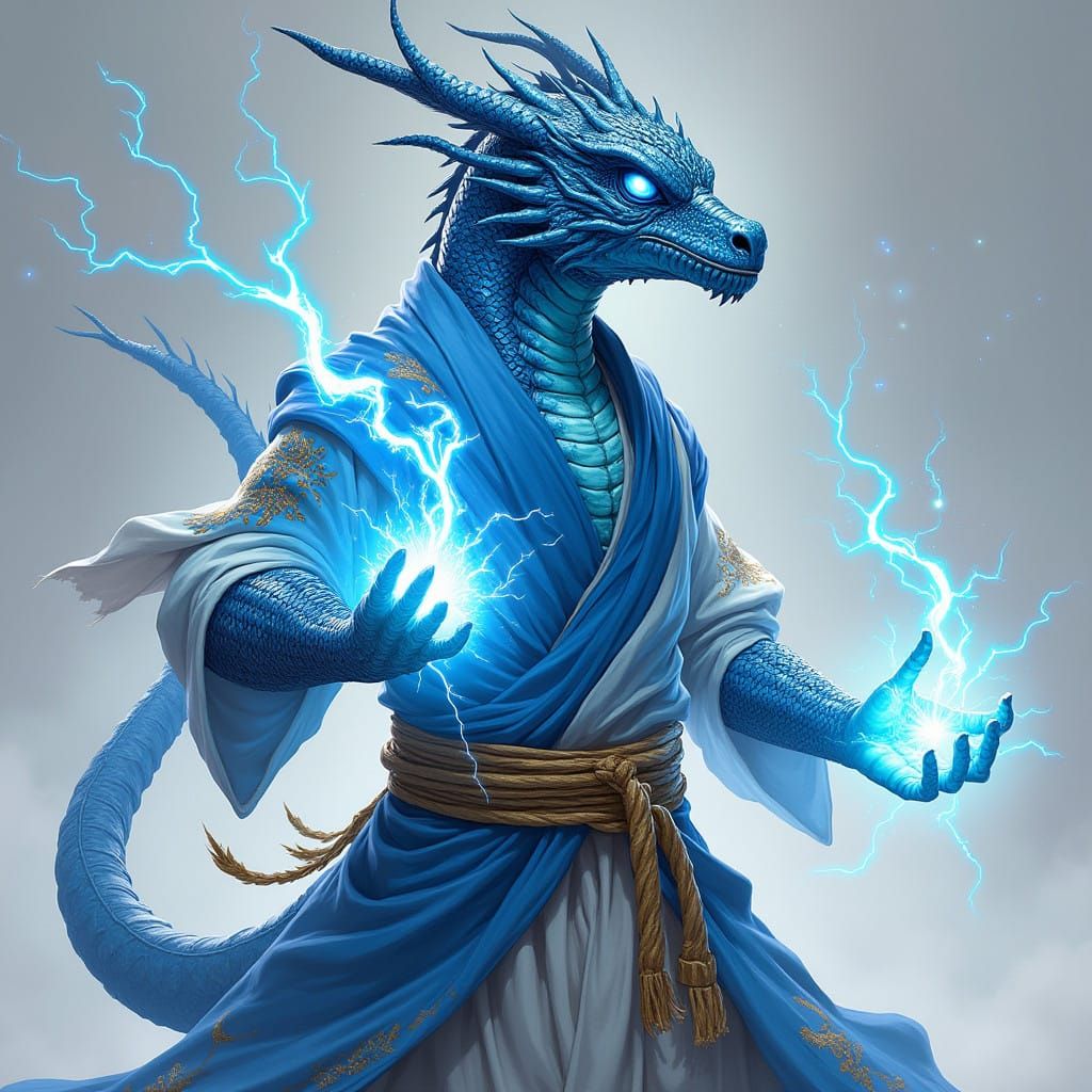 Blue Dragonborn Monk with Dragon Mask and Lightning Handwrap...