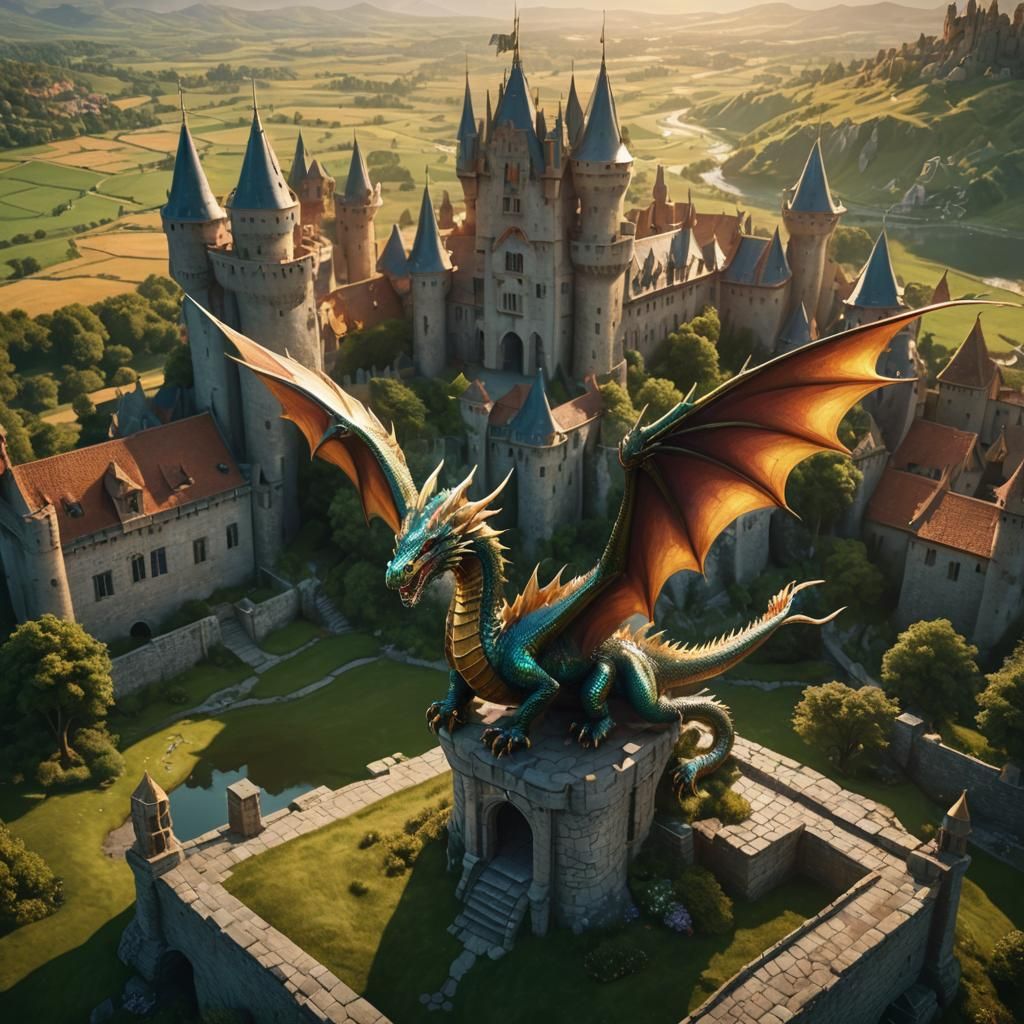 Iridescent Dragon Spreads Wings Over Castle