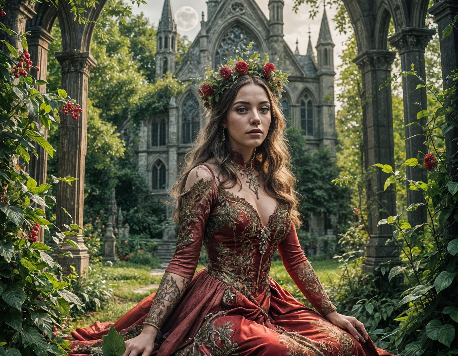 Ethereal Woman in Gothic Garden Under Moonlight