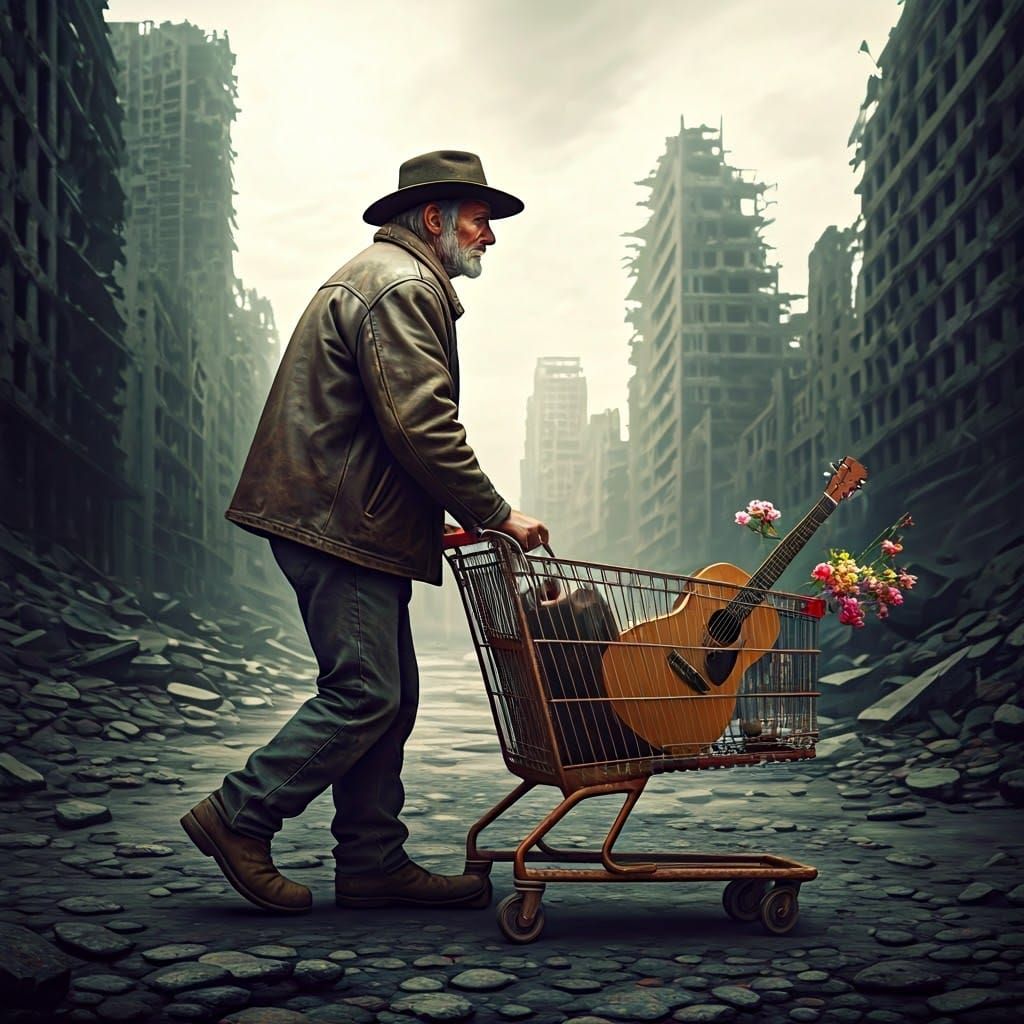 Post-Apocalyptic Musician in Ruined Cityscape