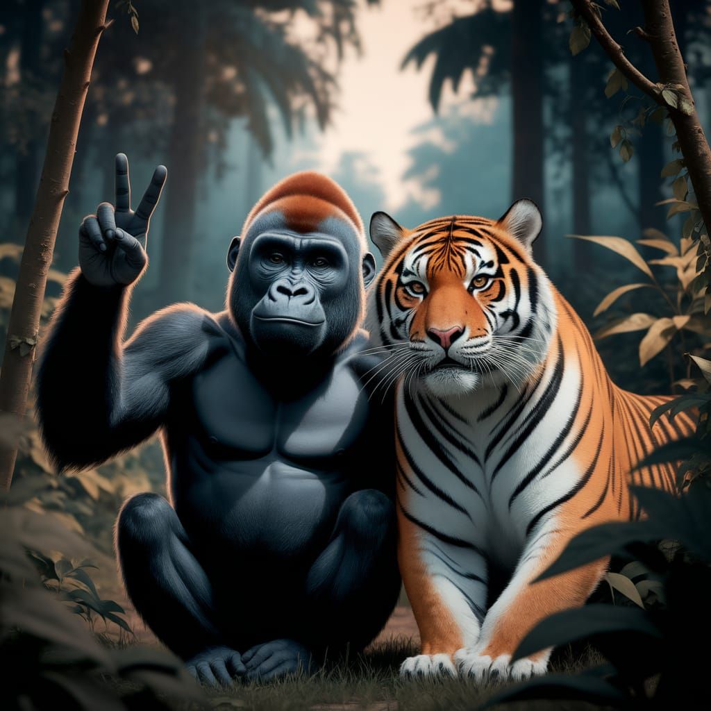 Gorilla and Tiger Selfie in Jungle, Photorealistic Style