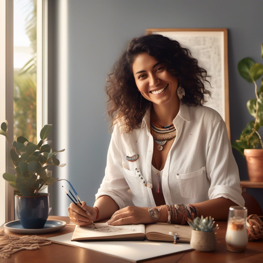 Smiling Hispanic Woman in Sydney Studio, Hyperreal