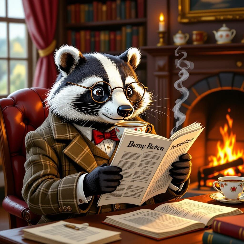 Badger Gentleman Reads in Cozy Study