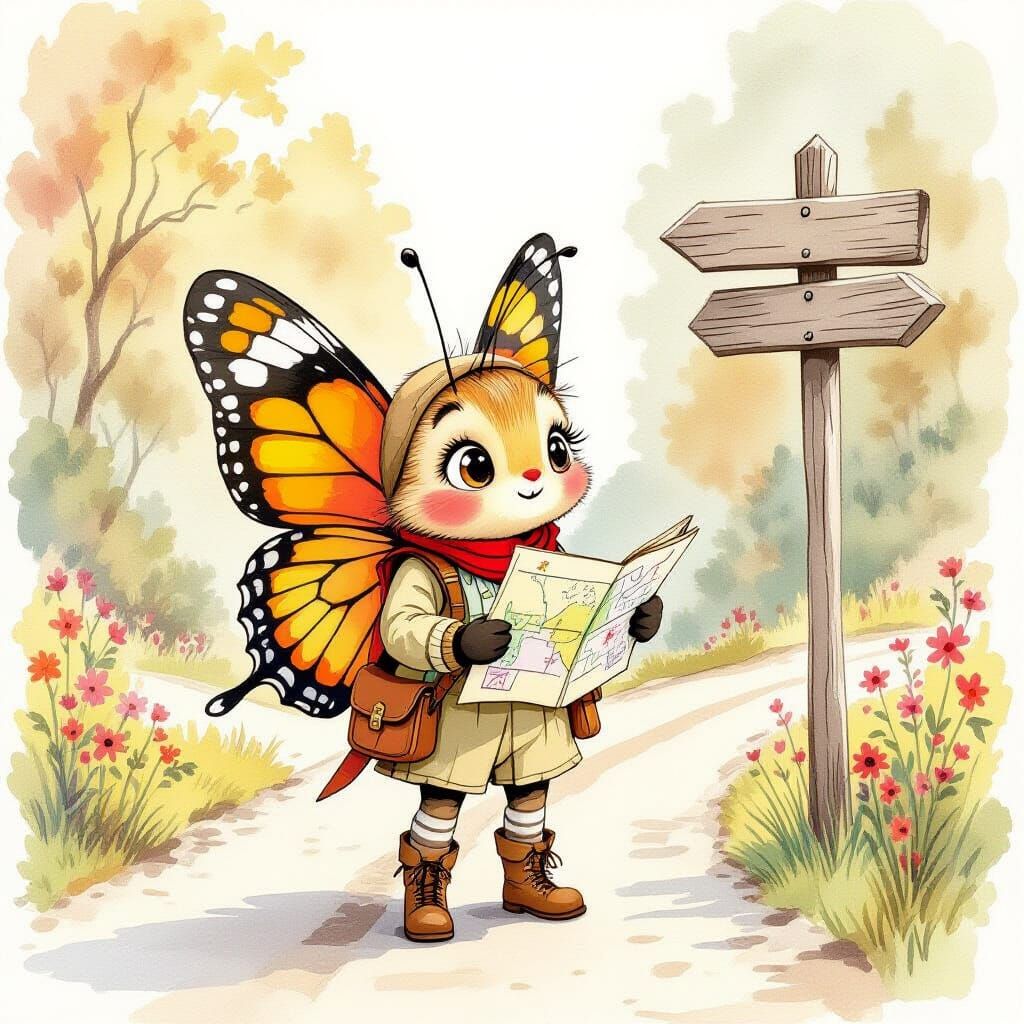 Anthropomorphic Butterfly Adventurer with Map in Watercolor ...