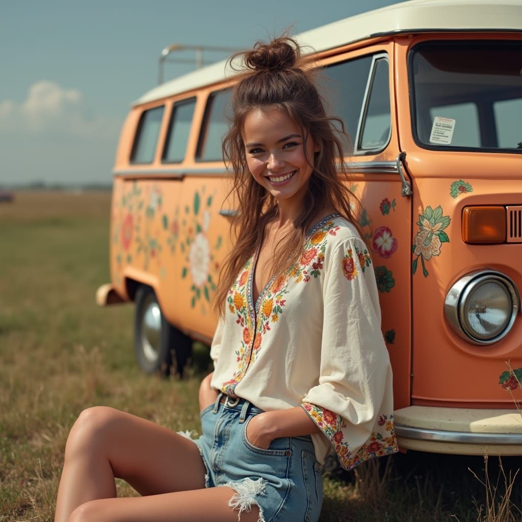 Happy Hippie Woman with VW Bus