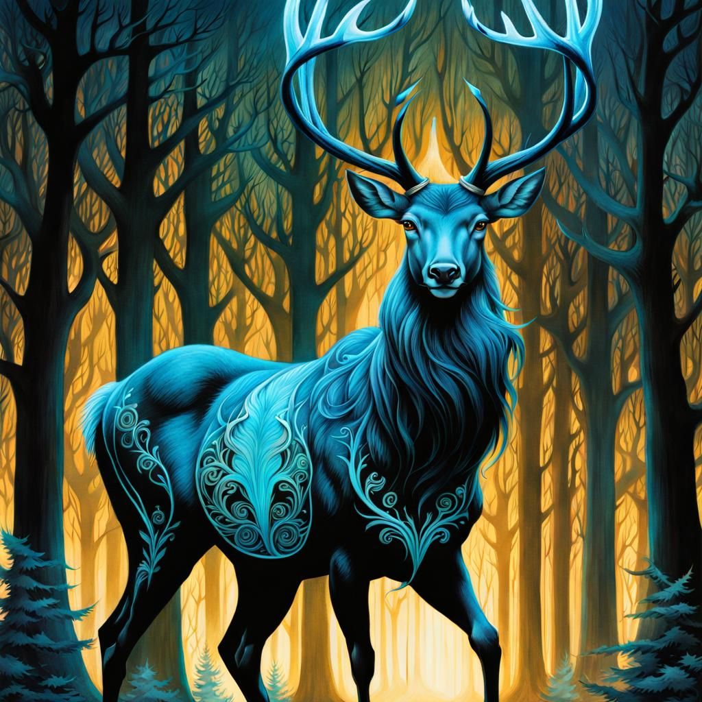 Bioluminescent Stag Patronus in Mixed Media Style