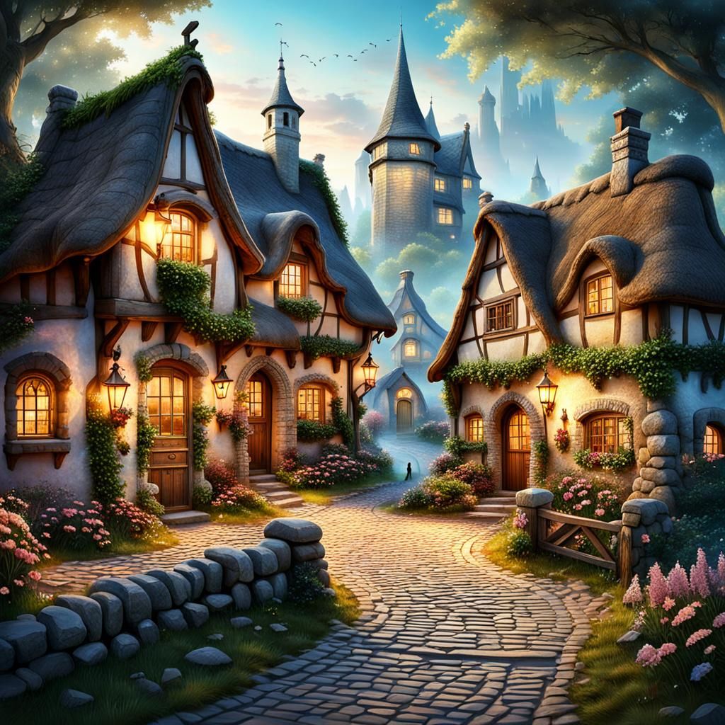 Enchanting Fairy-Tale Village with Ethereal Glow