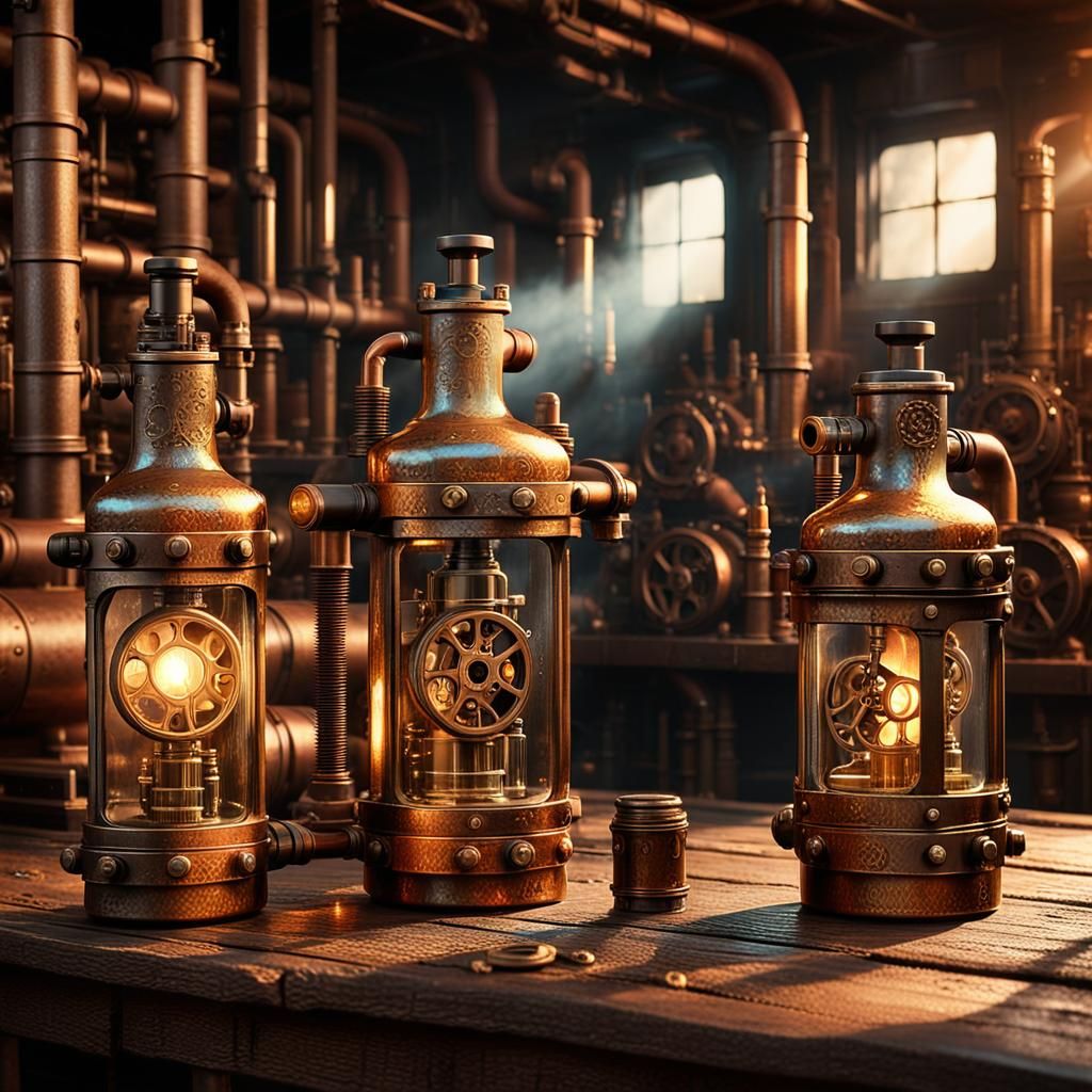 Steampunk Engine Room Bottles with Golden Light
