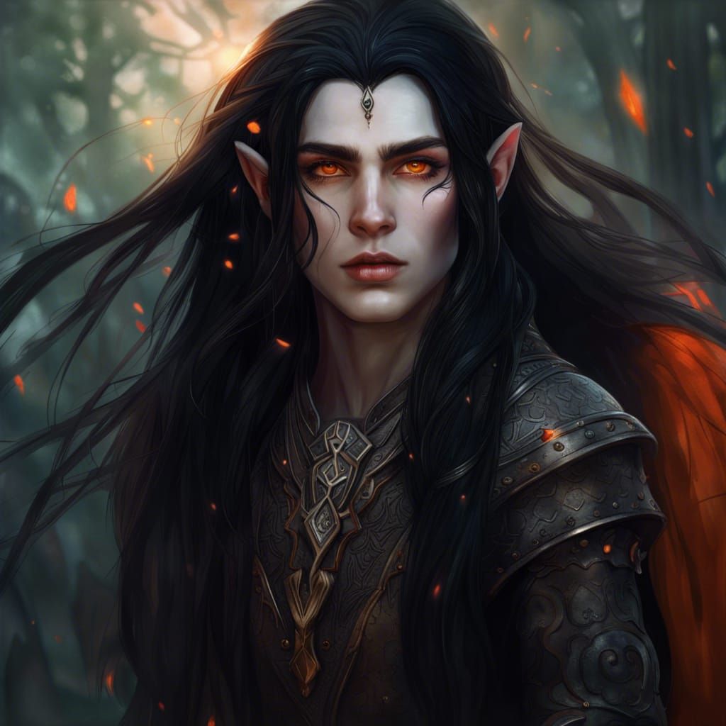 Androgynous Elf Druid with Orange Eyes, Digital Art