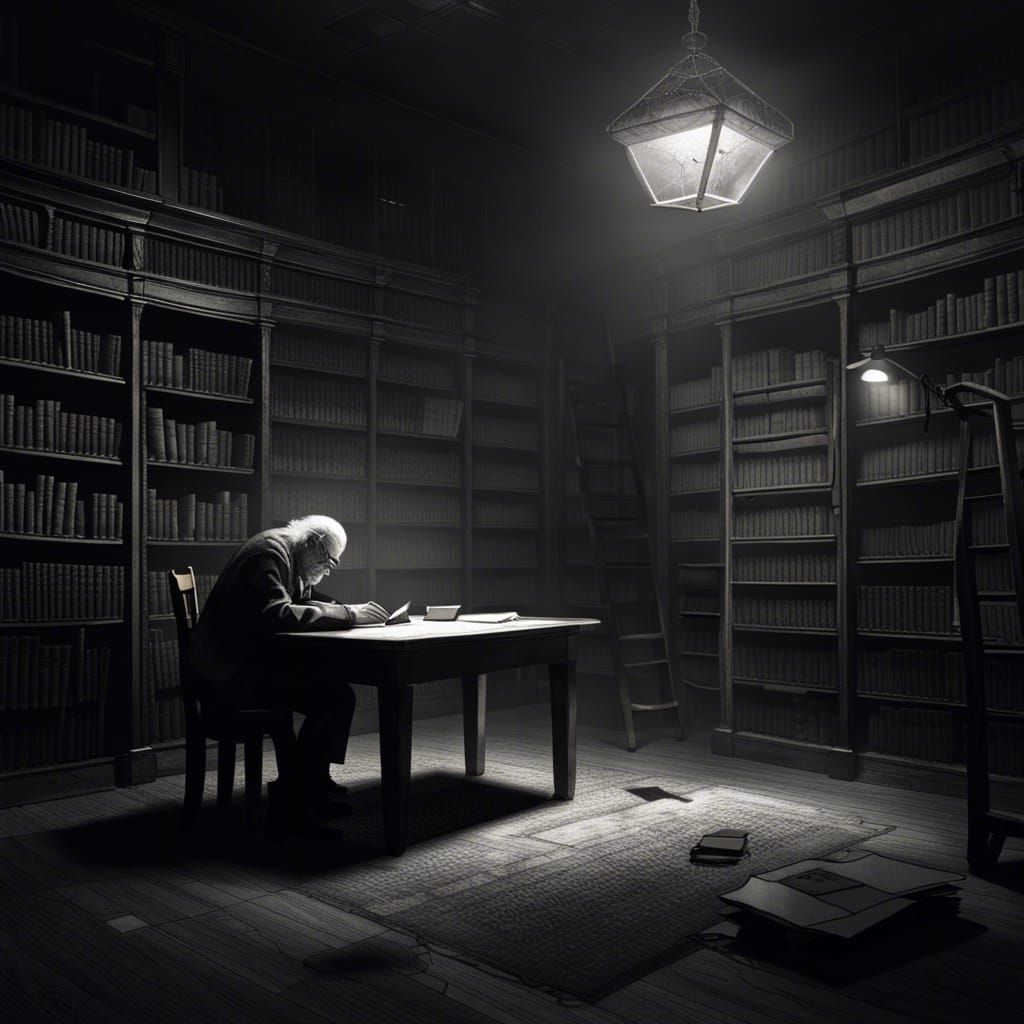Grayscale Image: Solitary Man in Abandoned Future Library