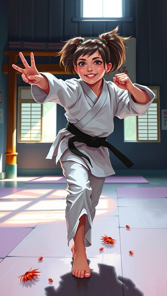 Girl in Karate Uniform Kicking in Dojo