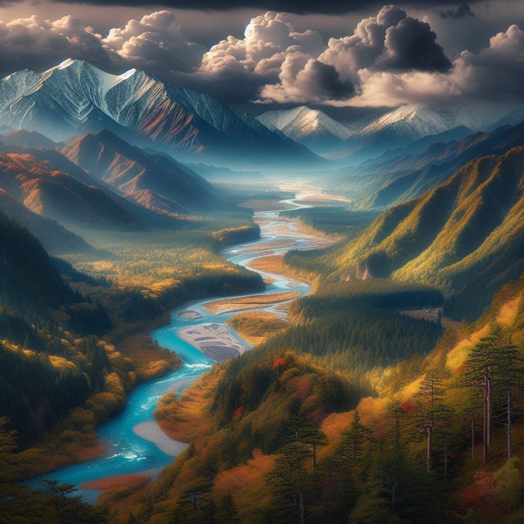 Surreal Japanese Mountain Panorama with Autumn Foliage