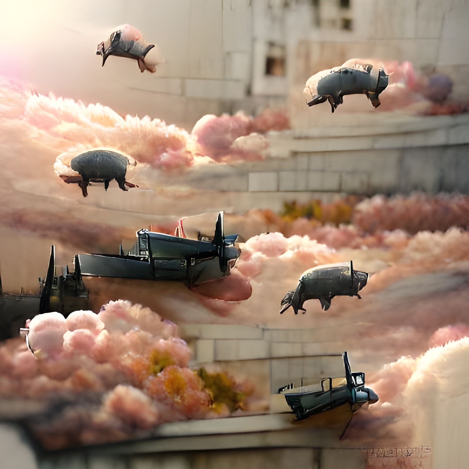 Detailed Matte Painting of Flying Pigs