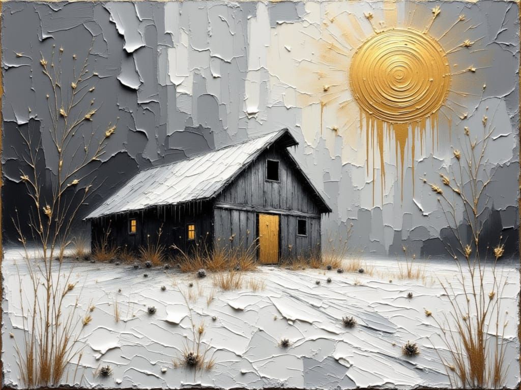 Surreal Snowy Barn with Golden Light - Impasto Acrylic
