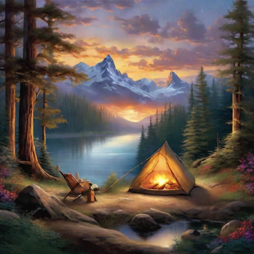 Cozy Campsites in Kinkade Style Illustration