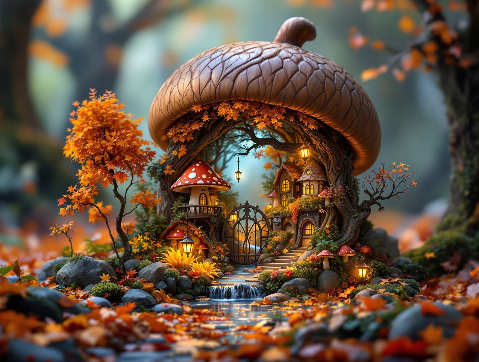 Miniature Autumn Fairy Village Inside An Acorn
