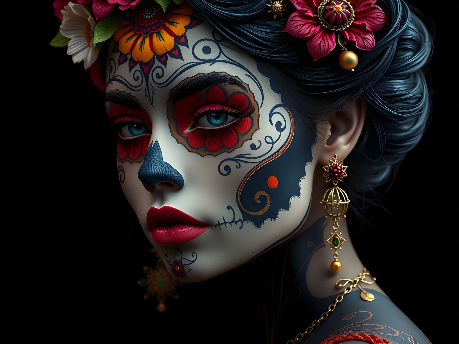Vibrant Día de los Muertos Goddess in Colorful Makeup