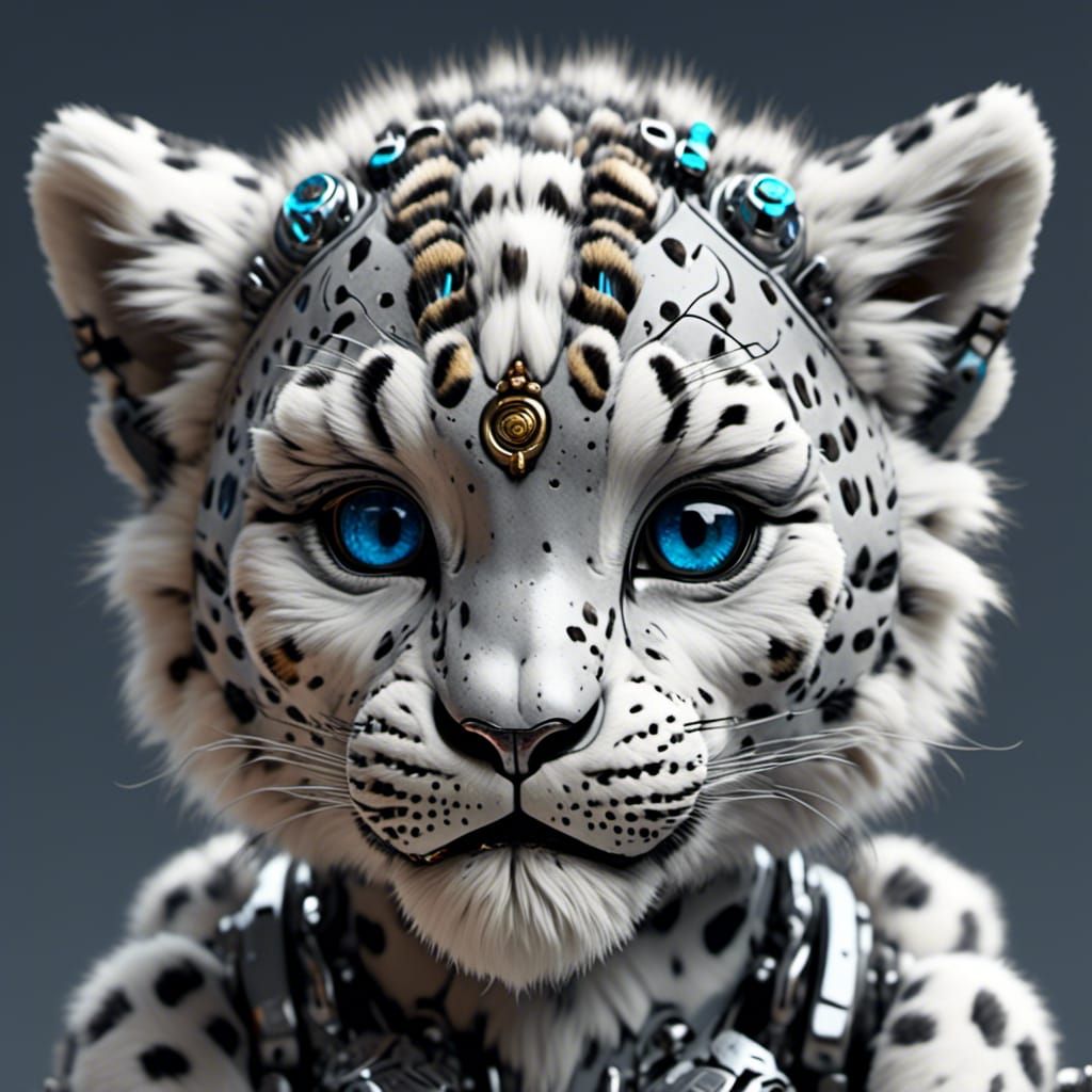 Angry Baby Snow Leopard Cyborg in 8K