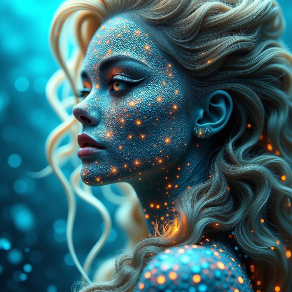 Surreal Mermaid Portrait in Iridescent Scales and Oceanic Ba...