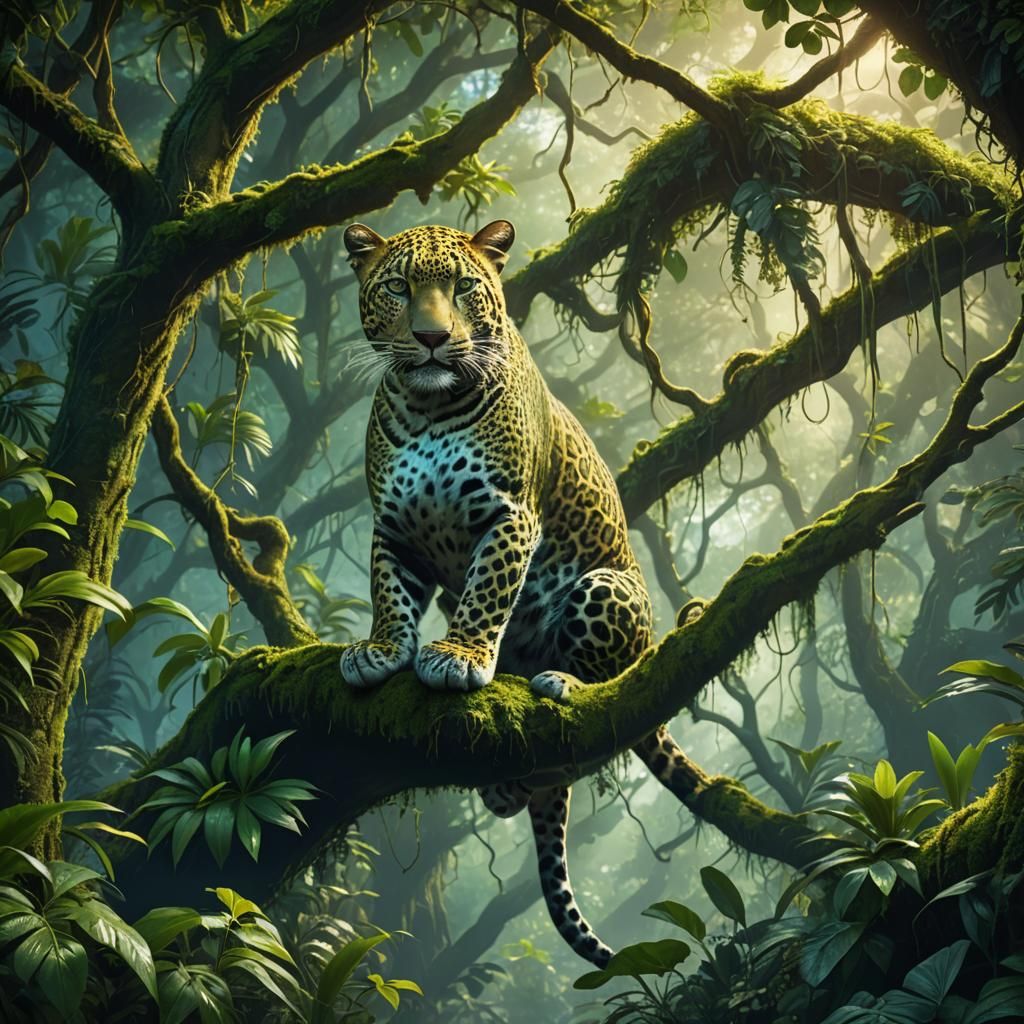 Green Jungle Leopard in Atmospheric Matte Painting