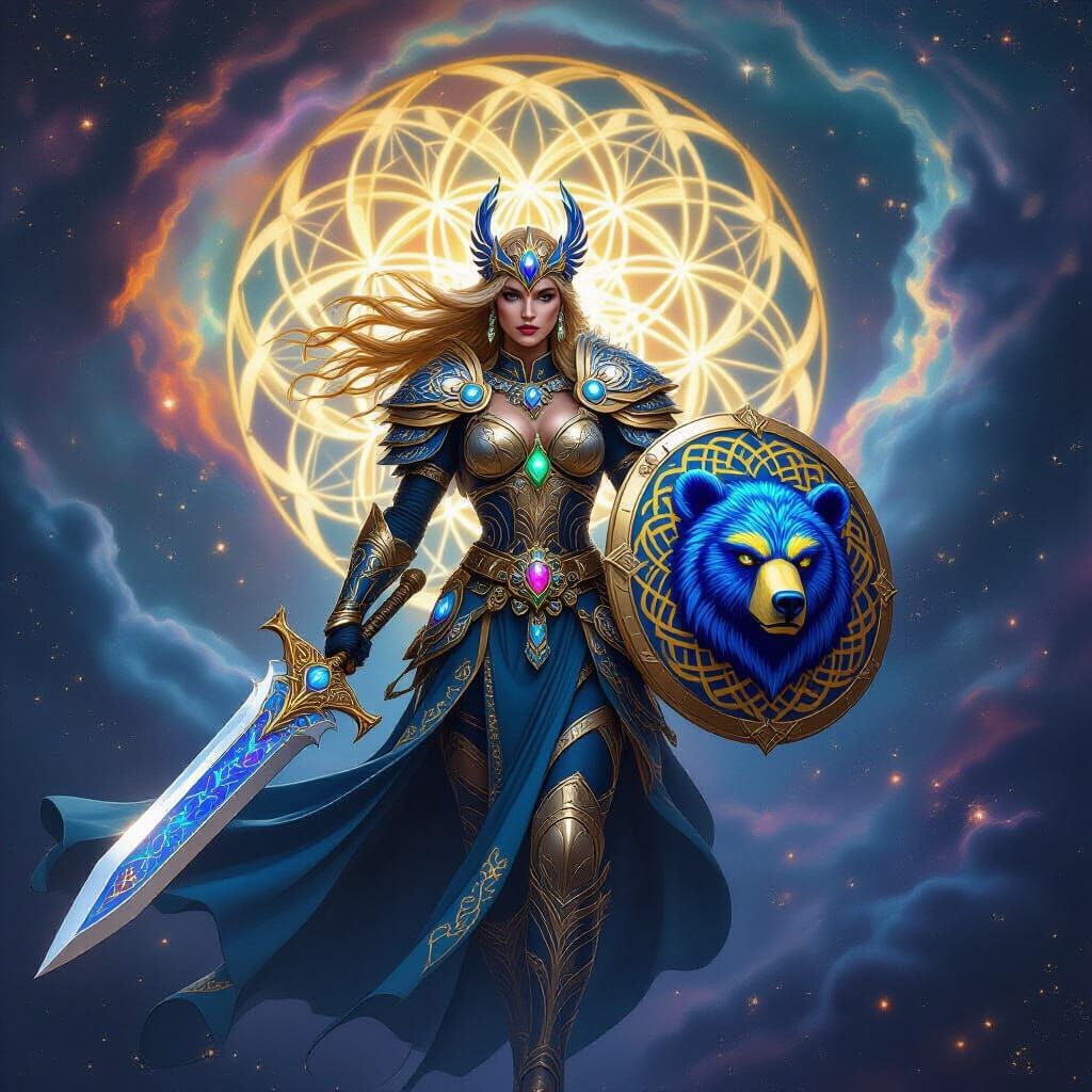 Cosmic Goddess with Viking Sword in Nebula