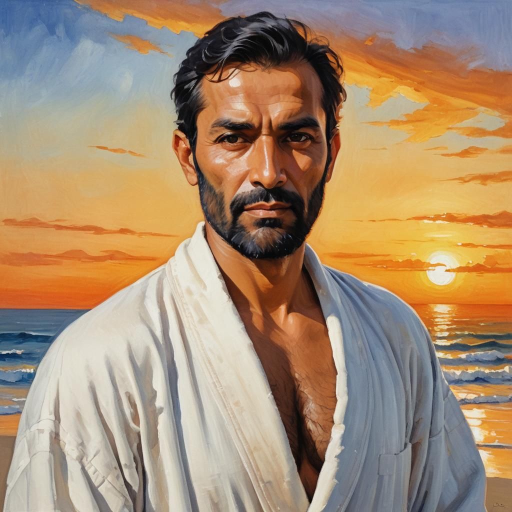 Hirsute Man in Gouache Style Velvet Bathrobe at Sunset