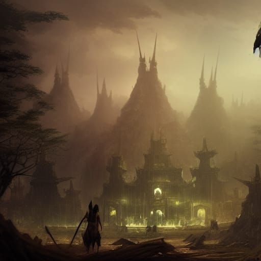 Oriental Village in Dark Green Forest, Dark Fantasy Art