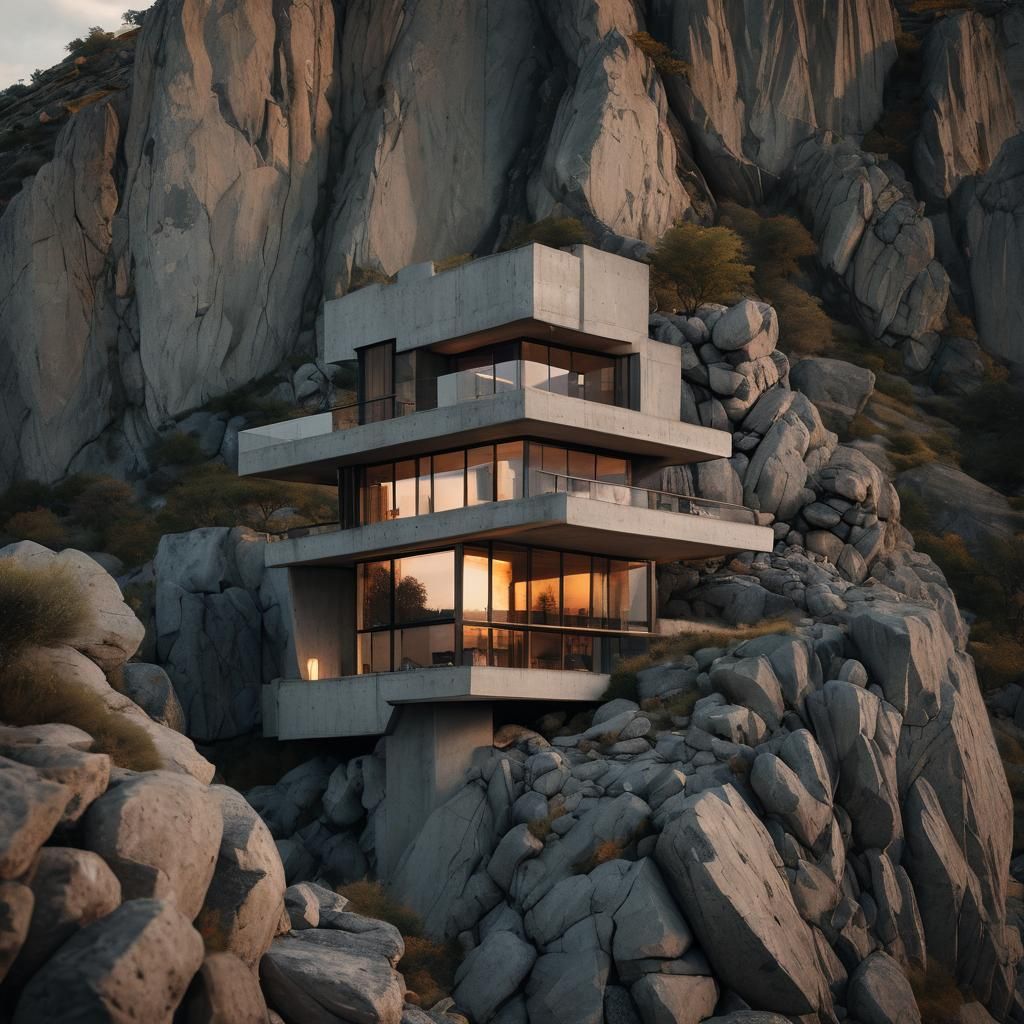 Minimalist Concrete House on Mountain in Modernist Style