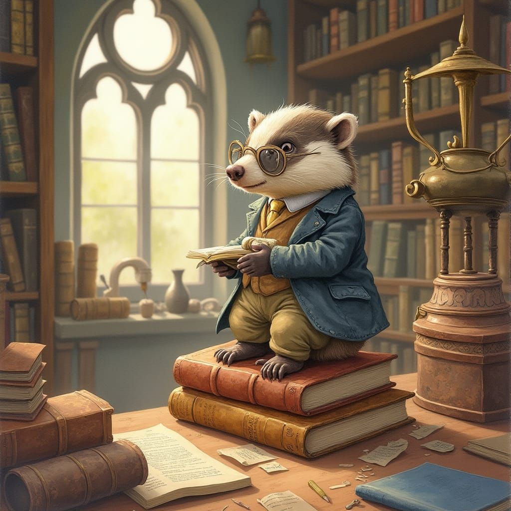 Badger Librarian in Watercolor Style