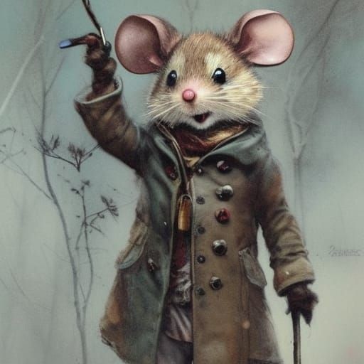 Mouse in Overcoat: Forest Scene in Painterly Style