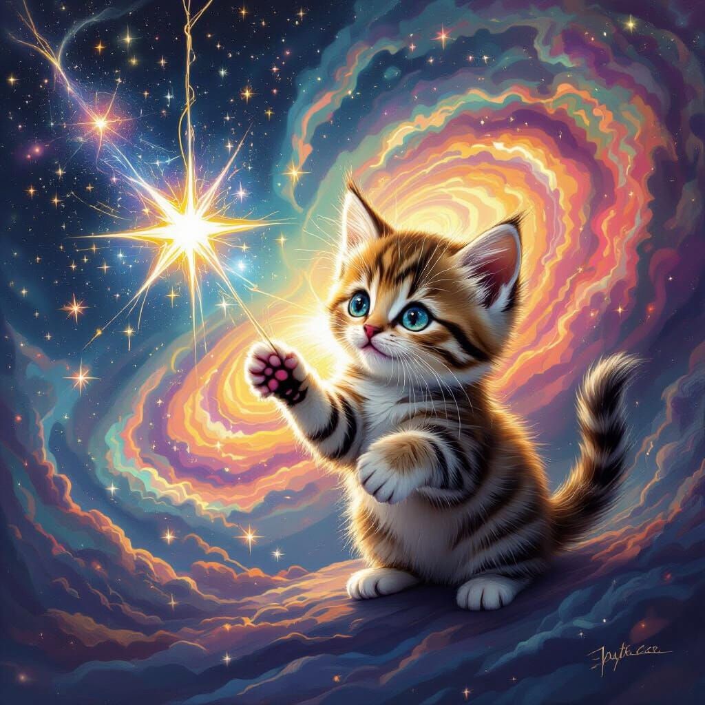 Mischievous Starlight Kitten in Psychedelic Galaxy