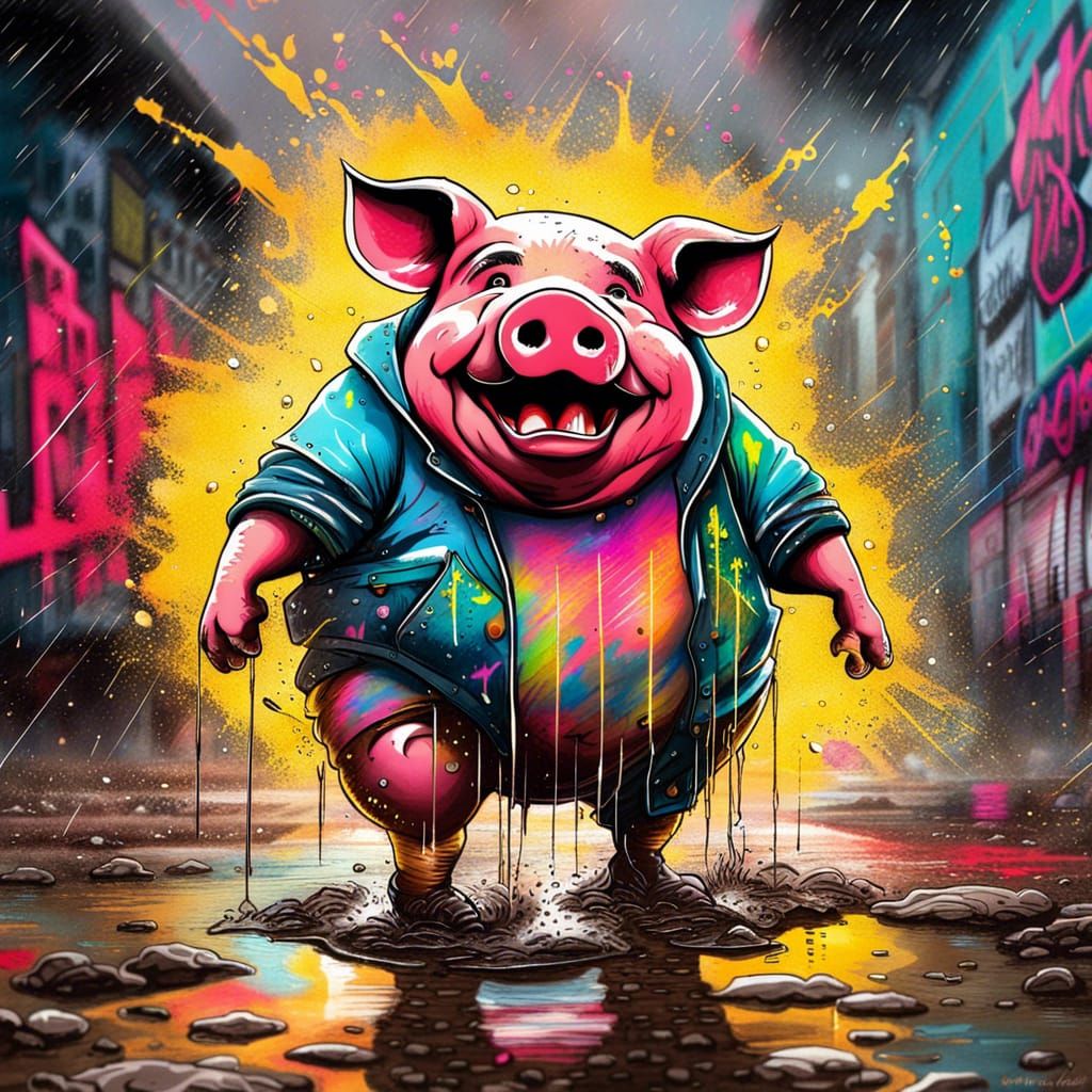 Playful Pig Dancing in Rainy Mud: Graffiti Art
