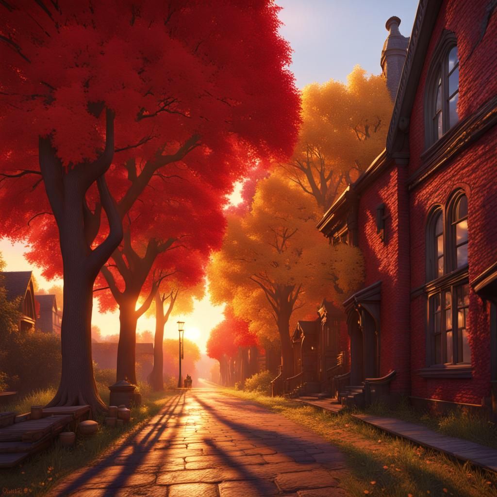 Red Maple Alley at Sunset in Hyperrealism
