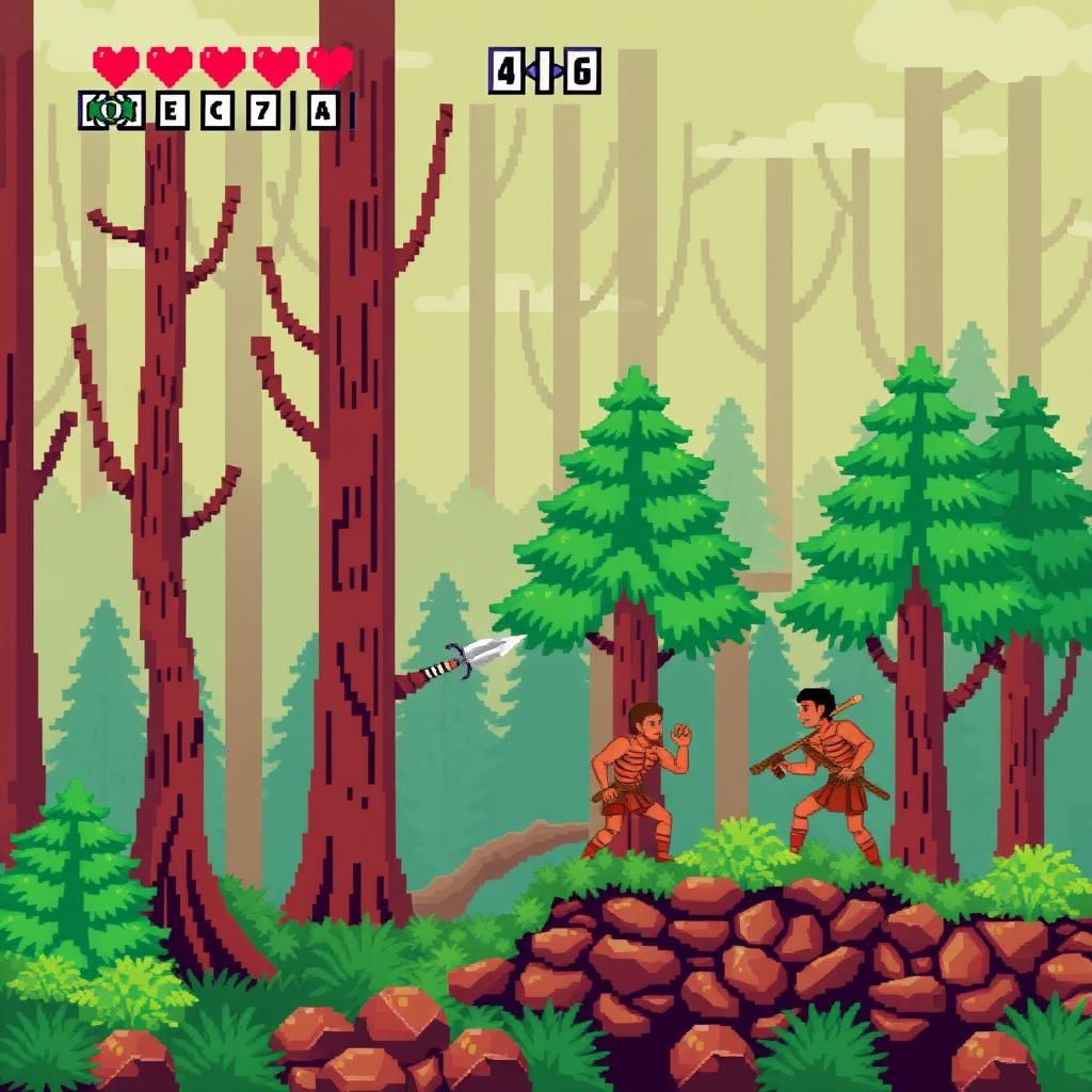 C64 side scroller game. Forest. Gladiators