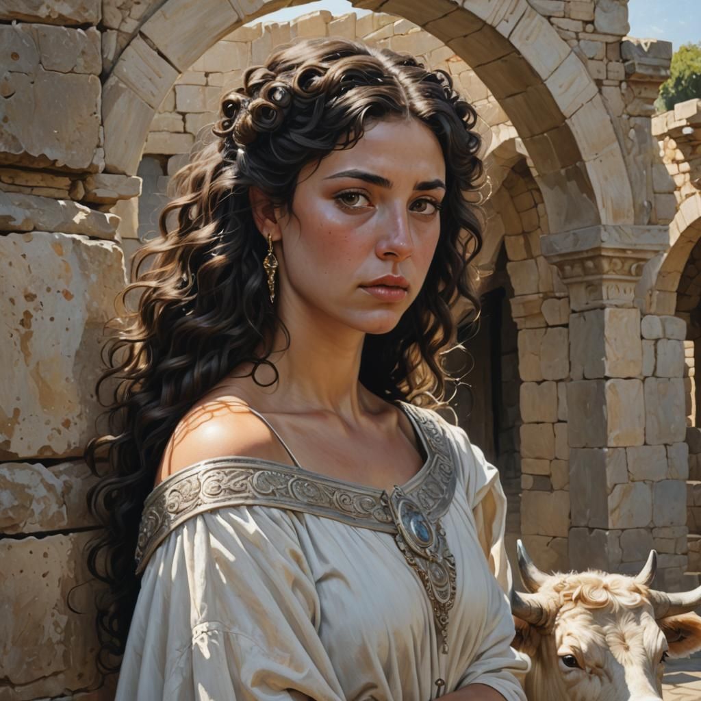 Sad Cretan Queen with White Bull, Photorealistic