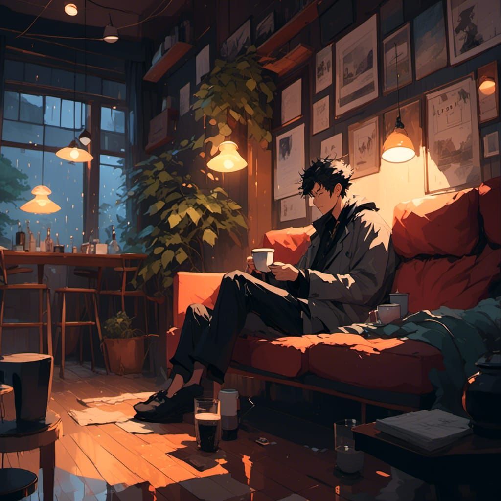 Lofi Boy Relaxing in Rainy Jazz Club