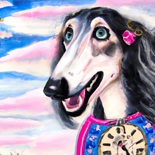 A borzoi dog wearing a clock necklace. Realistic Close-up po...