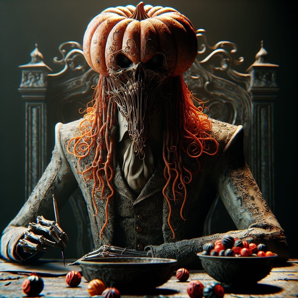 Macabre Pumpkin Deity in Tattered Couture Suit