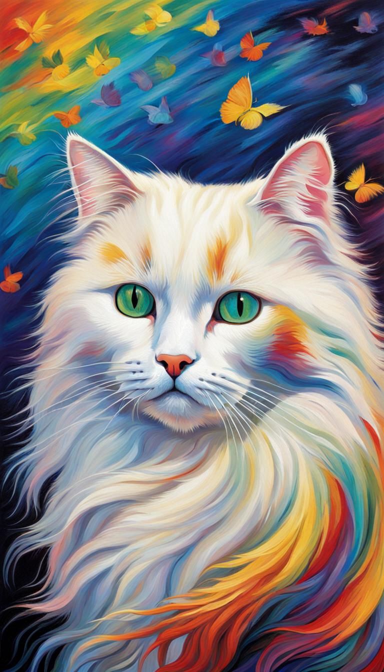 Long-Haired White Cat in Van Gogh Style