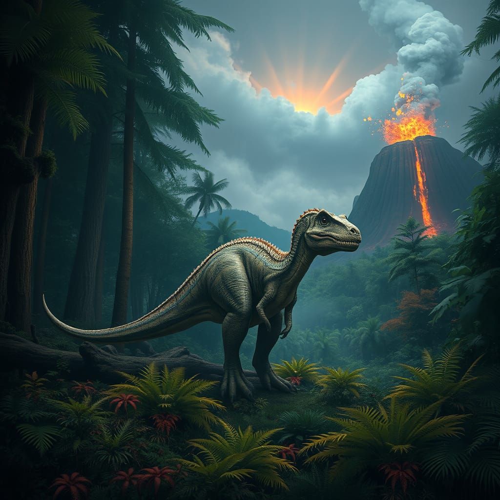 Dinosaur in Prehistoric Forest, Surreal Art Style