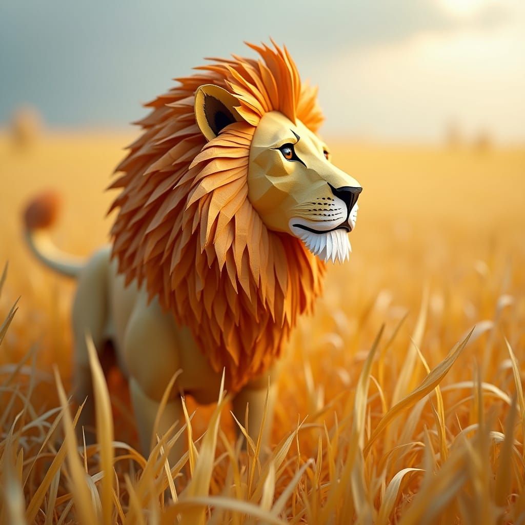 Origami Lion in Savannah in Playful Style