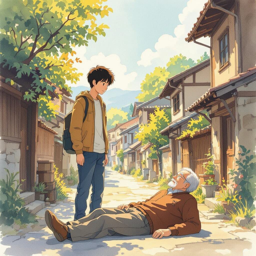 Young Man Beside Elderly Man in Anime Style