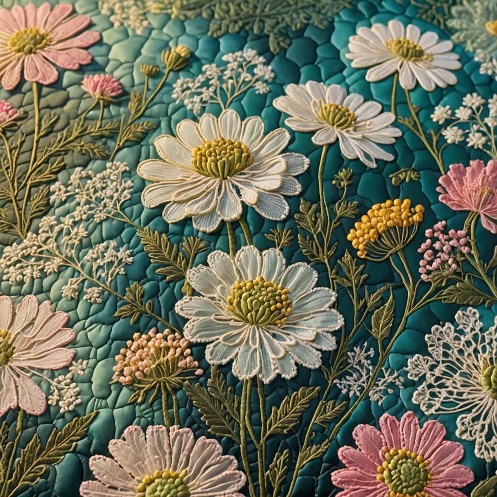 Embroidered Quilt with Queen Anne's Lace Flowers