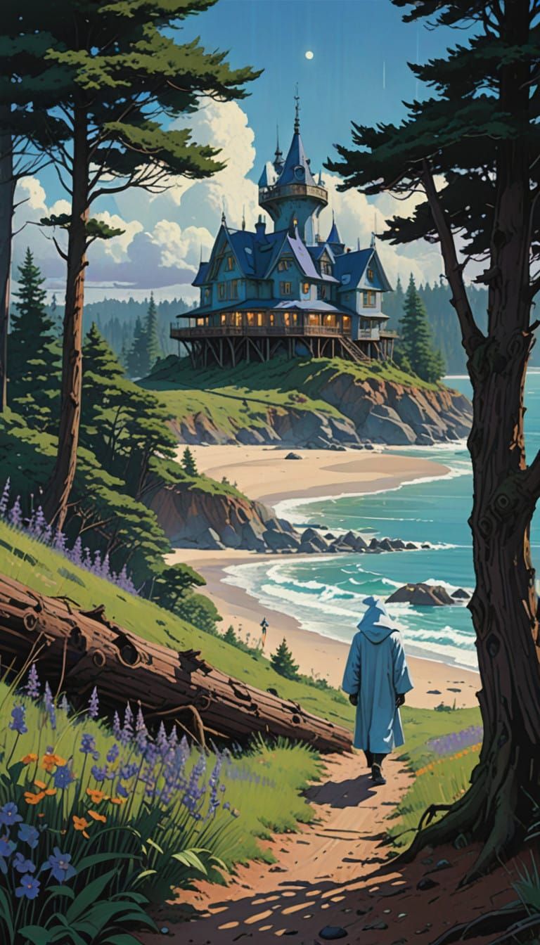 Majestic Blue Victorian Mansion on Sandy Beach at Sunset