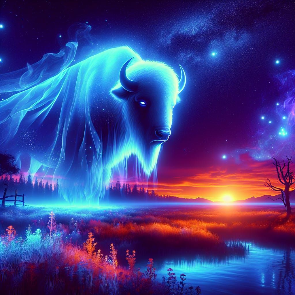 Ethereal Buffalo in Starry Night Landscape