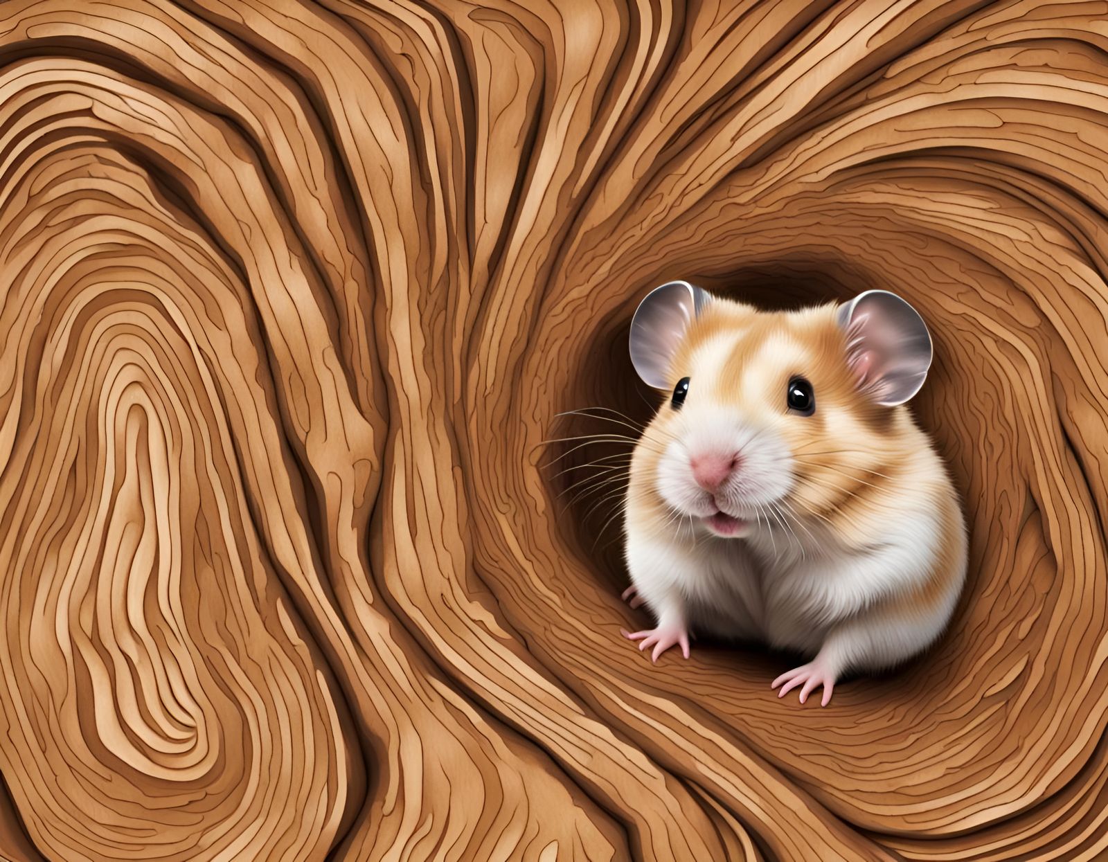 Abstract Wood Hamster Portrait with Spiral Pattern