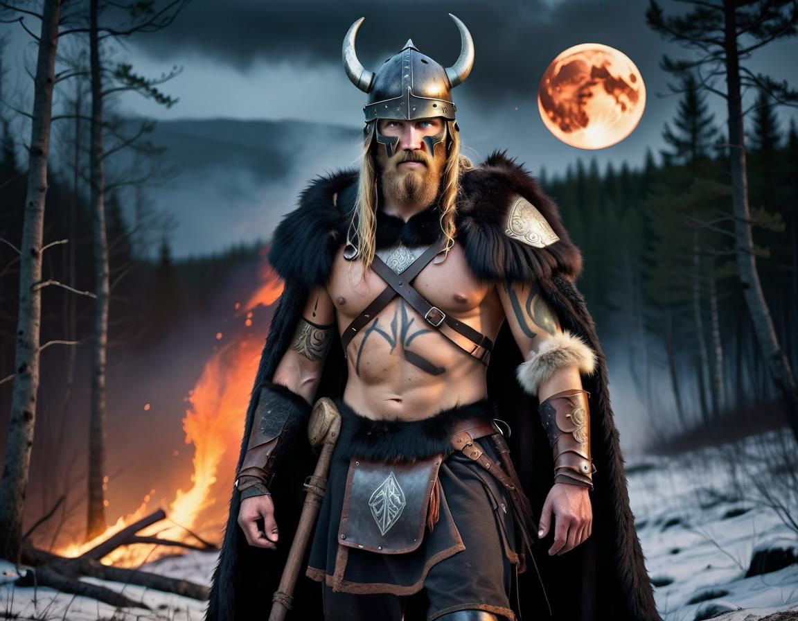 Viking Warrior on Horseback in Rune-lit Forest