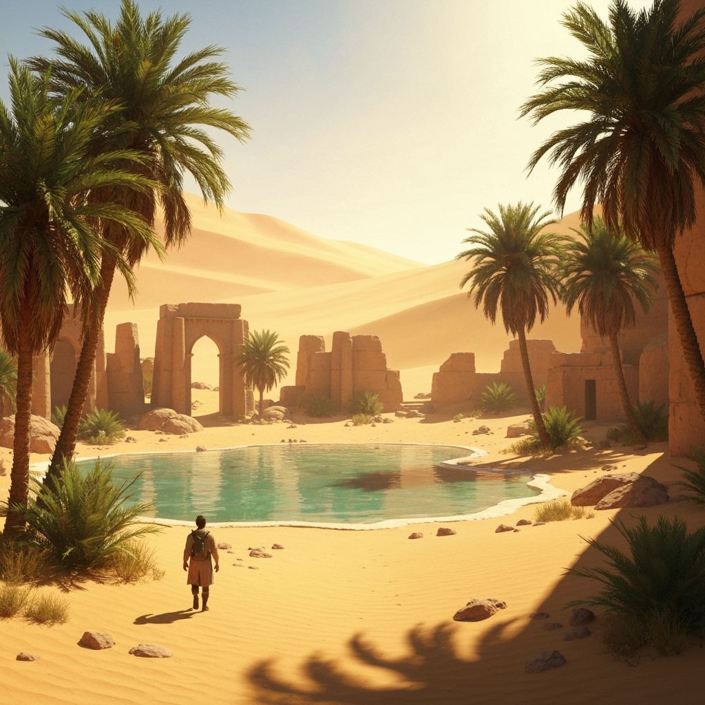 Explorer Discovers Desert Oasis in Hyperrealistic Style