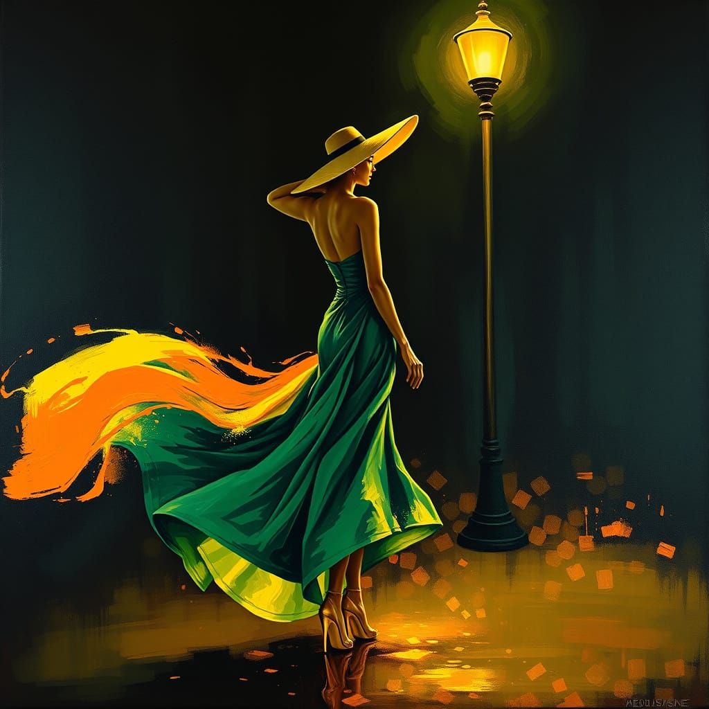 Elegant Woman Under Glowing Lamp in Fiery Strokes
